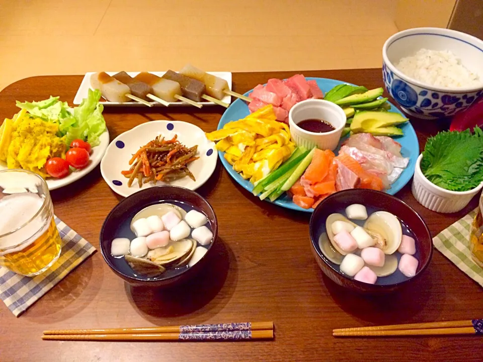 手巻き寿司 カボチャサラダ きんぴらごぼう 蛤のお吸い物 味噌田楽|haseseさん