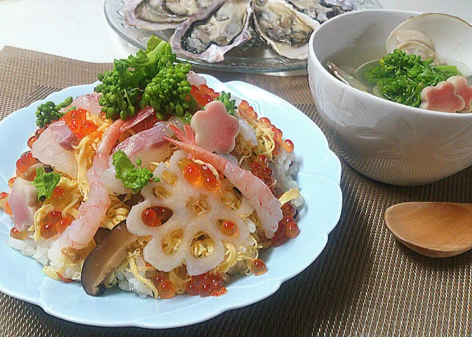 雛祭り ちらし寿司＆蛤と菜の花のおすまし＆生牡蠣(*^^*)|sakurakoさん