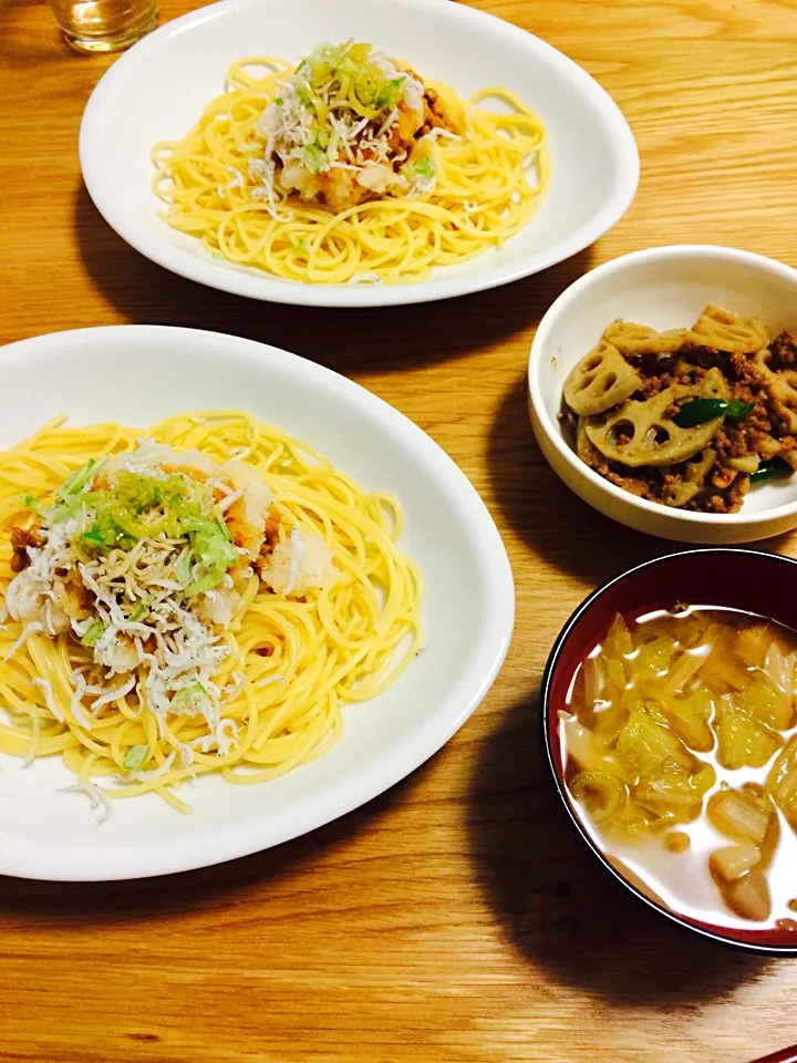 納豆としらすのパスタ・れんこんと挽き肉の炒め物|アサヒカリさん