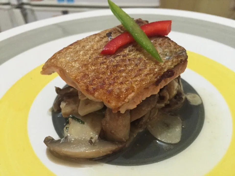 Snapdishの料理写真:Sous vide salmon with ajillo mushrooms|Daniel Olléさん