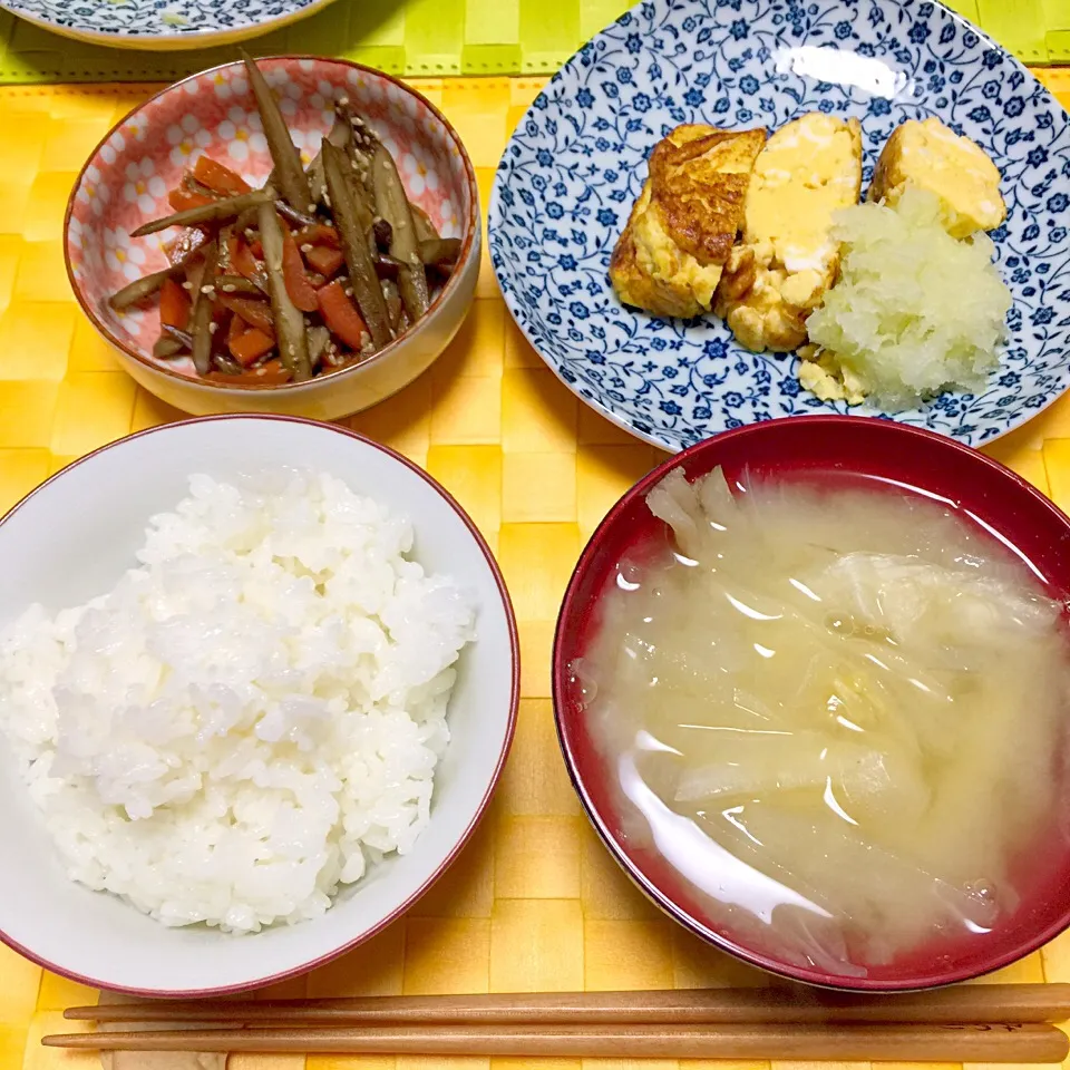 キンピラ、厚焼き卵、蓮根と白菜のお味噌汁|舐め子さん