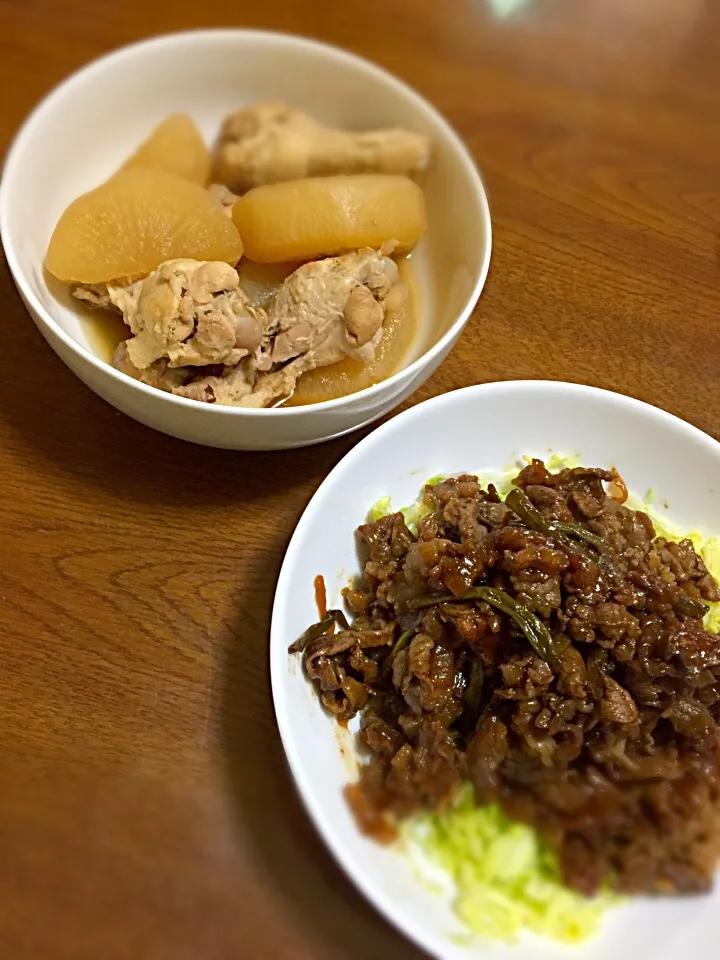 鶏大根と牛丼の具の残り物(笑)|あーさんさん