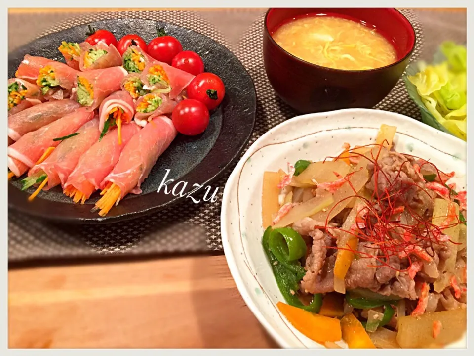 Snapdishの料理写真:生ハムサラダ⭐️大根と豚肉のプルコギ炒め桜エビ入り♪|kazu★さん