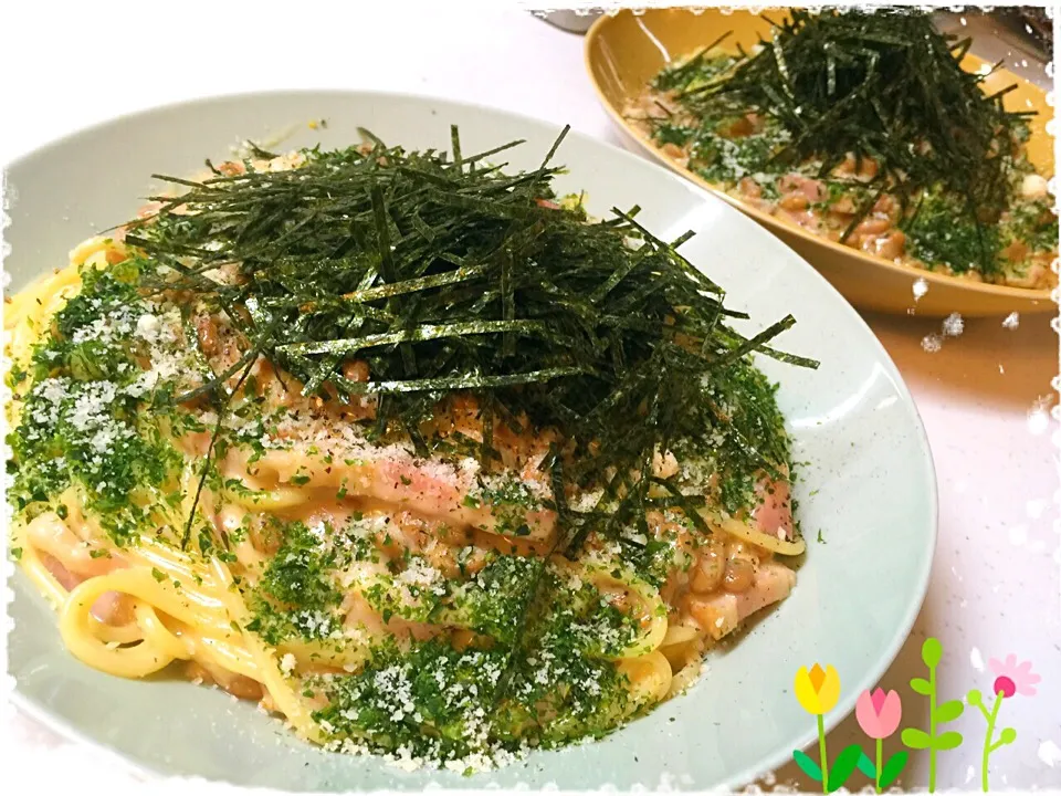 カウンター嬢さんの料理☆焦がし醤油の納豆カルボナーラ♪♬d(d∀ﾟ)(ﾟ∀b)b♬ベーコン入り&和風仕上げ〜♡|Aimee(恵唯美)さん