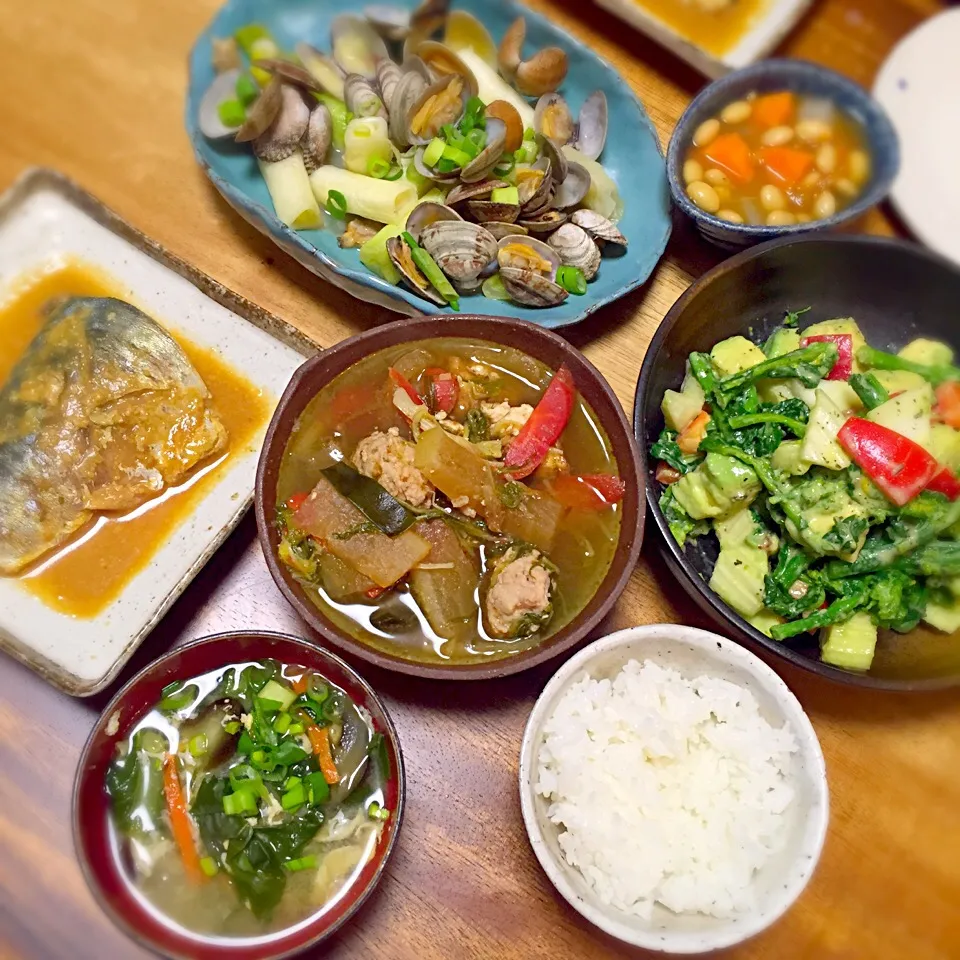 鯖の味噌煮、大根の煮物、菜の花のサラダ、お味噌汁、大豆のトマト煮|2boy mamさん