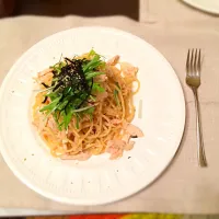 鶏胸肉とえのき、水菜の明太子パスタ|maracataさん