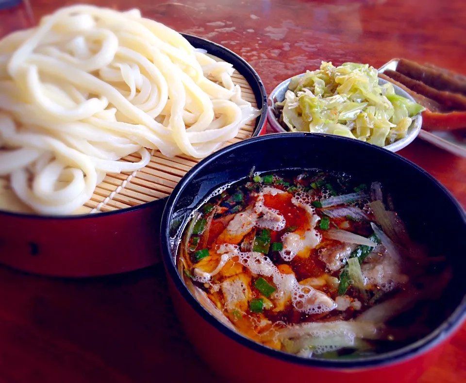 昼ごはん うま辛肉汁うどん じゃこキャベツ きんぴら|ぽんたさん