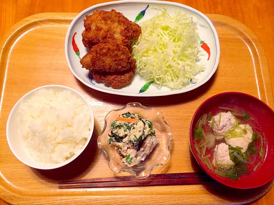 ヒレカツ、ほうれん草の白和え、鶏肉団子汁|yuyusuzuさん