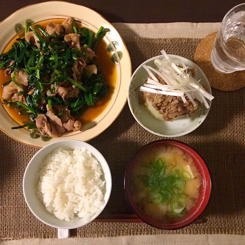 豚とにらの炒め物/肉味噌田楽/豆腐の味噌汁|ゆきてぃさん