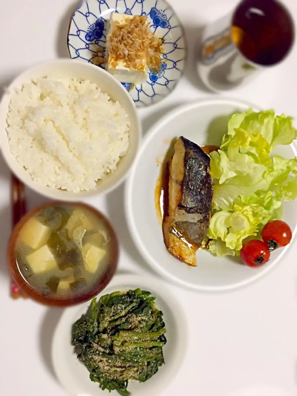 Snapdishの料理写真:鰆の照り焼き&ほうれん草のおひたし&冷奴&おあげの味噌汁💓|あゆかさん