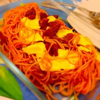 Tomato Spaghetti with cheese and chorizo.|Debbie Arisarさん