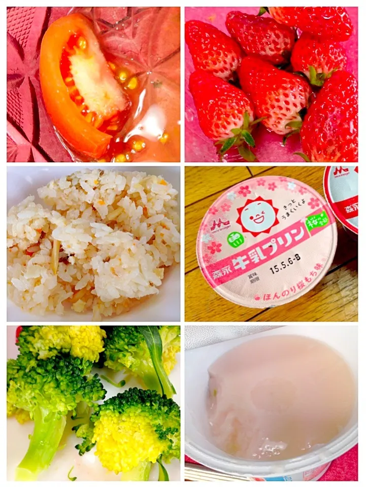 150307SOU取り分け昼食in実家／トマト＆鯛めし＆ブロッコリー＆苺＆牛乳プリン桜もち風味|ponnaoさん