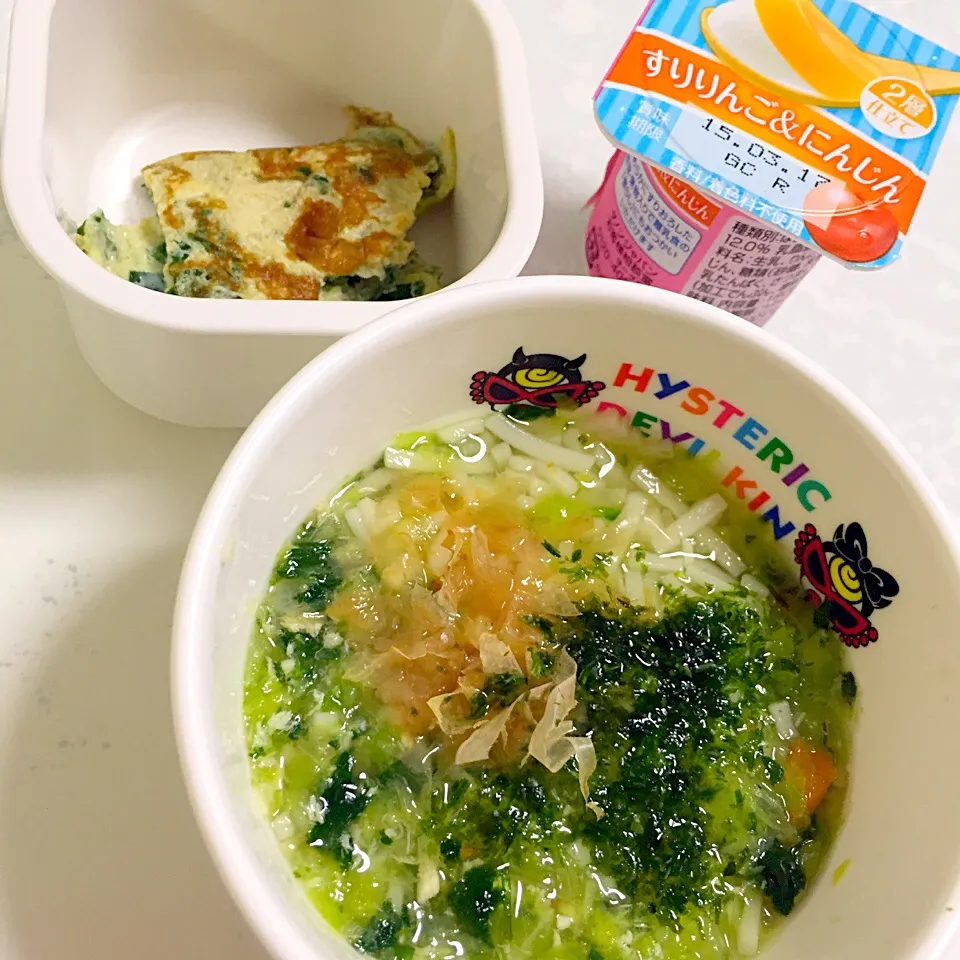 Snapdishの料理写真:風邪息子ごはん！鰹節と青のり香る野菜たっぷり温麺♡免疫たっぷり！ベビー用ニラ玉♡|湊叶ママさん