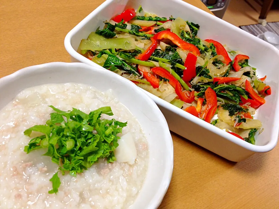 里芋と大根、鶏ひき肉のお粥、コマ野菜のちりめん生姜炒め|ねむねこさん