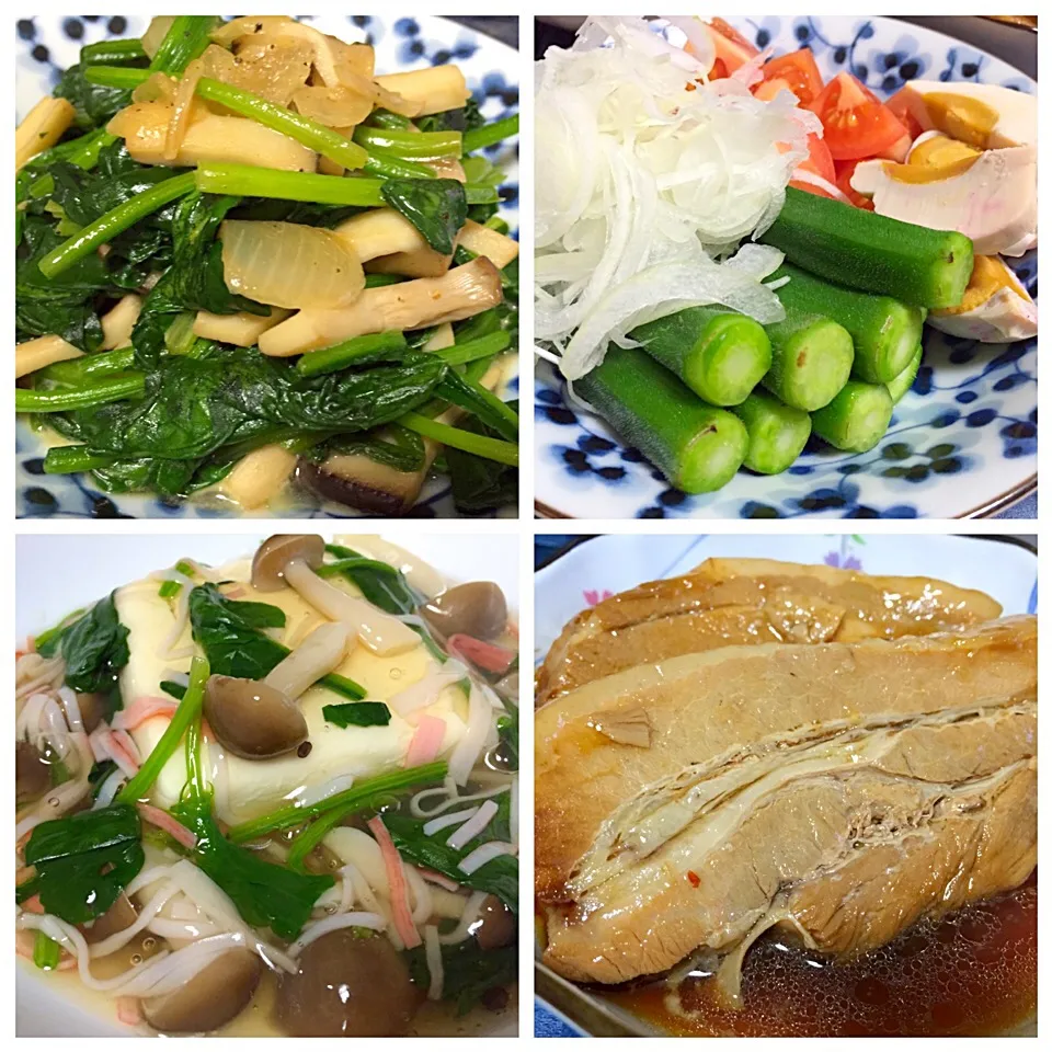 Butter soy sauce sautéed spinach with iringi, okra, tomatoes, salted egg & sliced onion salad, tofu with kani kama, shimiji spinach ankake and simmered pork|ghiroさん