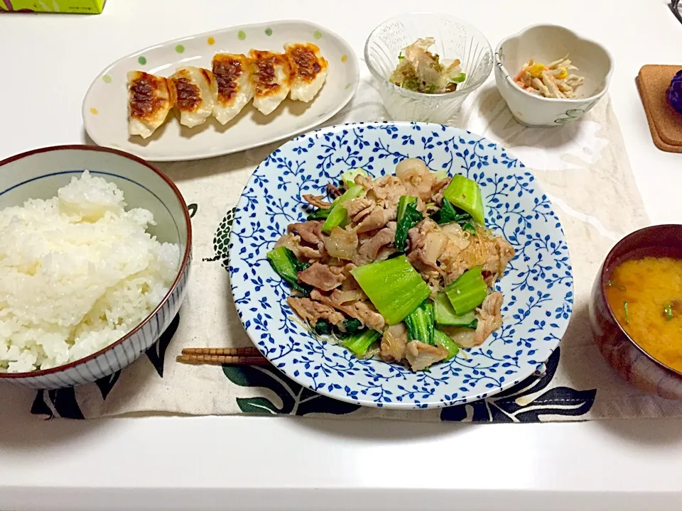 晩ご飯。青梗菜と豚肉と春雨炒め、ごぼうサラダ、冷奴、餃子、味噌汁|ma-iさん