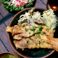 ✳︎サムギョプサル天丼✳︎ Tempra bowl, porkslice,mashroom,basil|botanさん