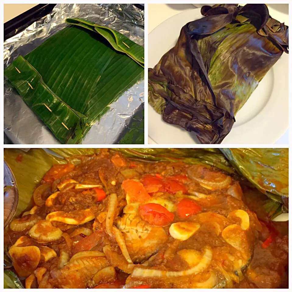 Homemade Spicy assam fish and squid with onions, garlic & tomatoes baked in banana leaf|catwoollyさん