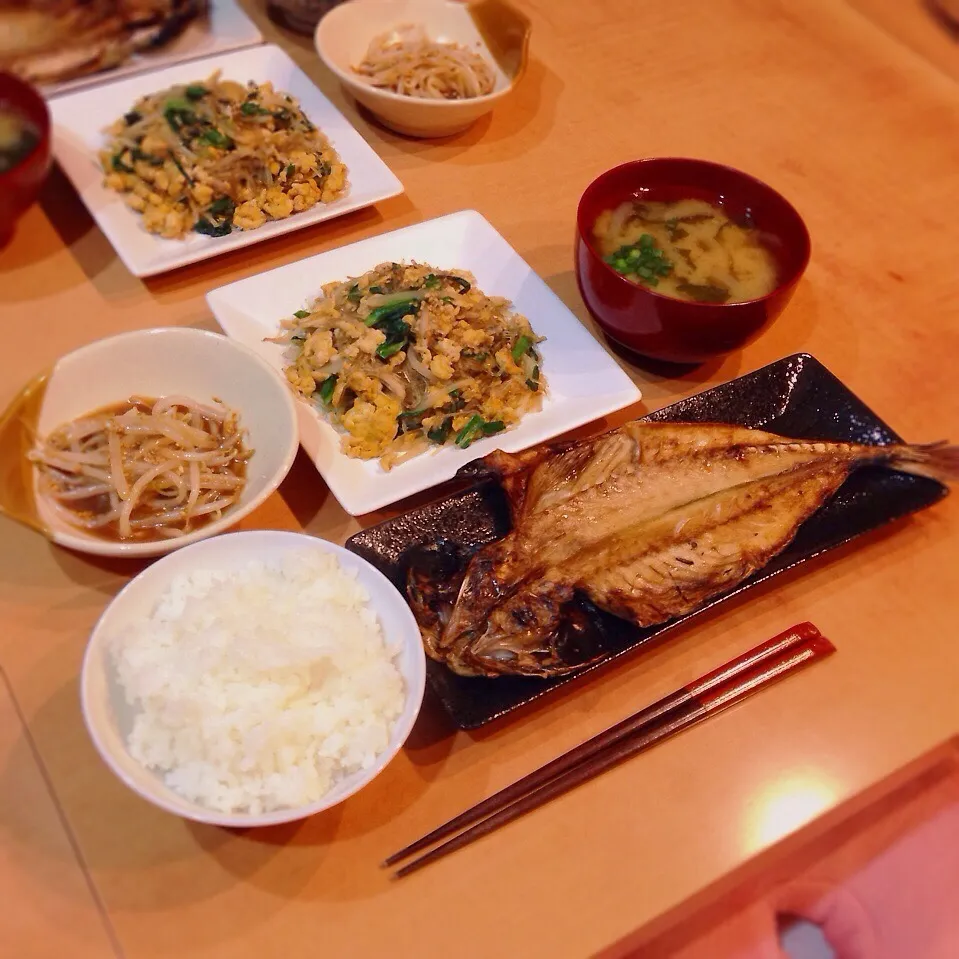 Snapdishの料理写真:鯵の干物、春雨とニラと卵の中華炒め、モヤシナムル、玉ねぎとワカメの味噌汁|はるさん