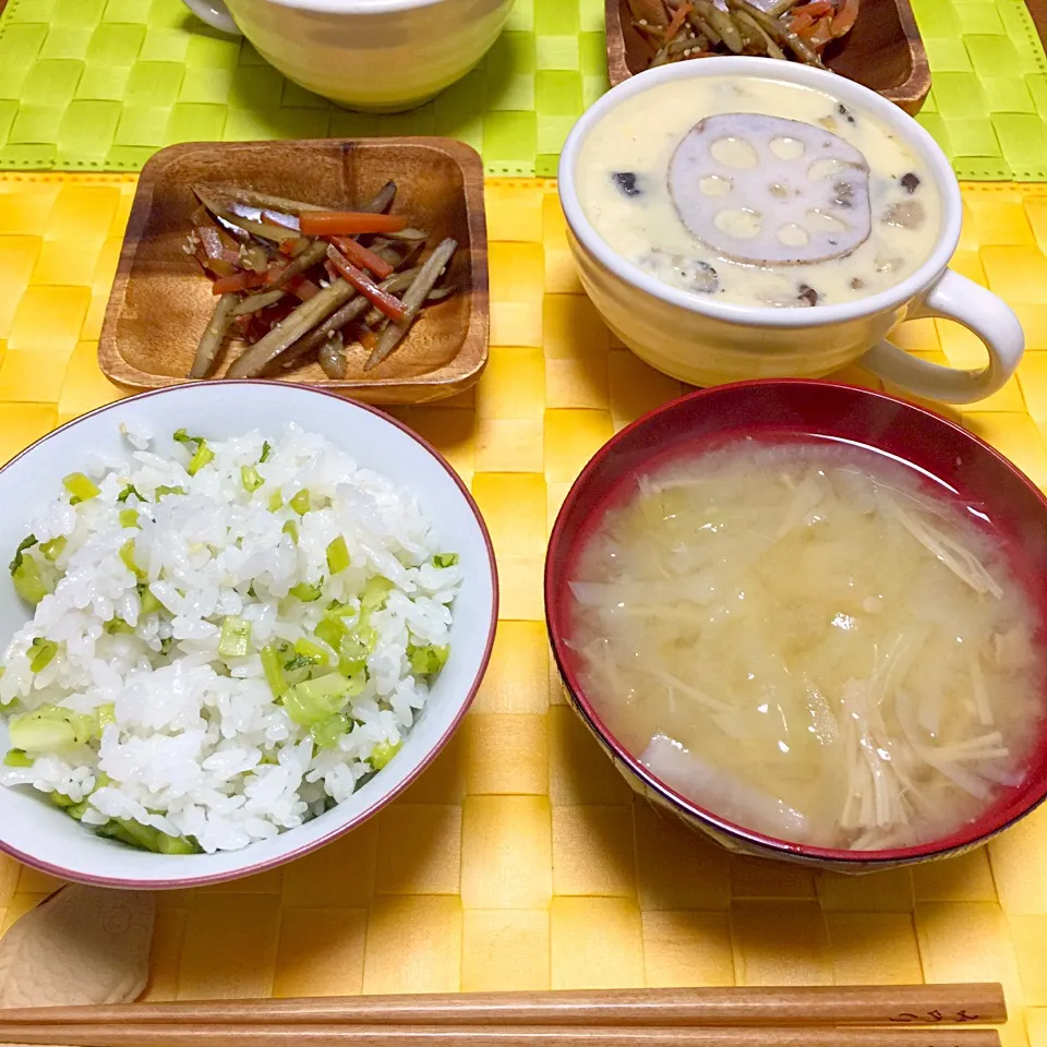 キンピラ、茶碗蒸し、ナメタケと大根のお味噌汁、菜っ葉ごはん|舐め子さん