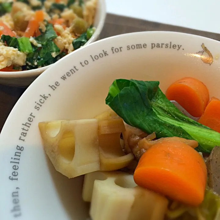 Japanese dishes: nimino stew and tofu and veggie salad"Shiraae"|emi tanakaさん