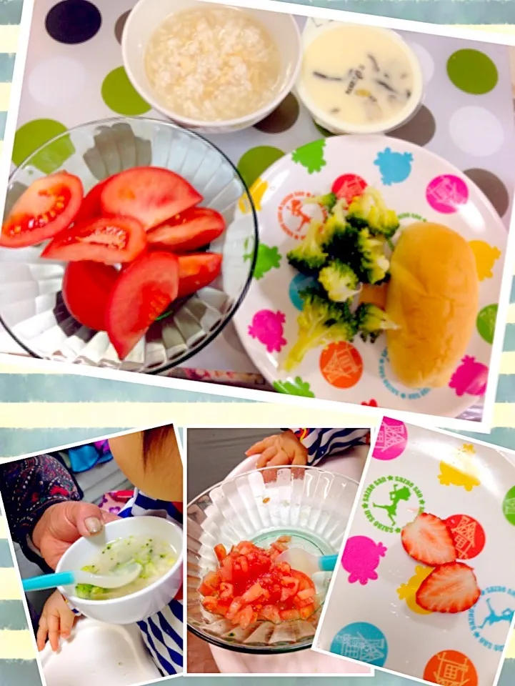 Snapdishの料理写真:150309SOU離乳食＆とりわけ食昼_パル産直みるくパン＆ブロッコリー＆トマト＆崎陽軒の帆立雑炊＆茶碗蒸し＆いちご|ponnaoさん