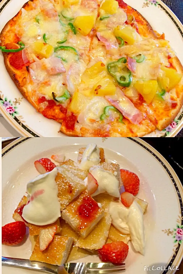 breakfast toast bread with cream,  fresh strawberry and maple syrup for princess as requested mine little Hawaian pizza itadakimasu ~~~☕️✨😋|Babyluv Cabrera Ocampoさん