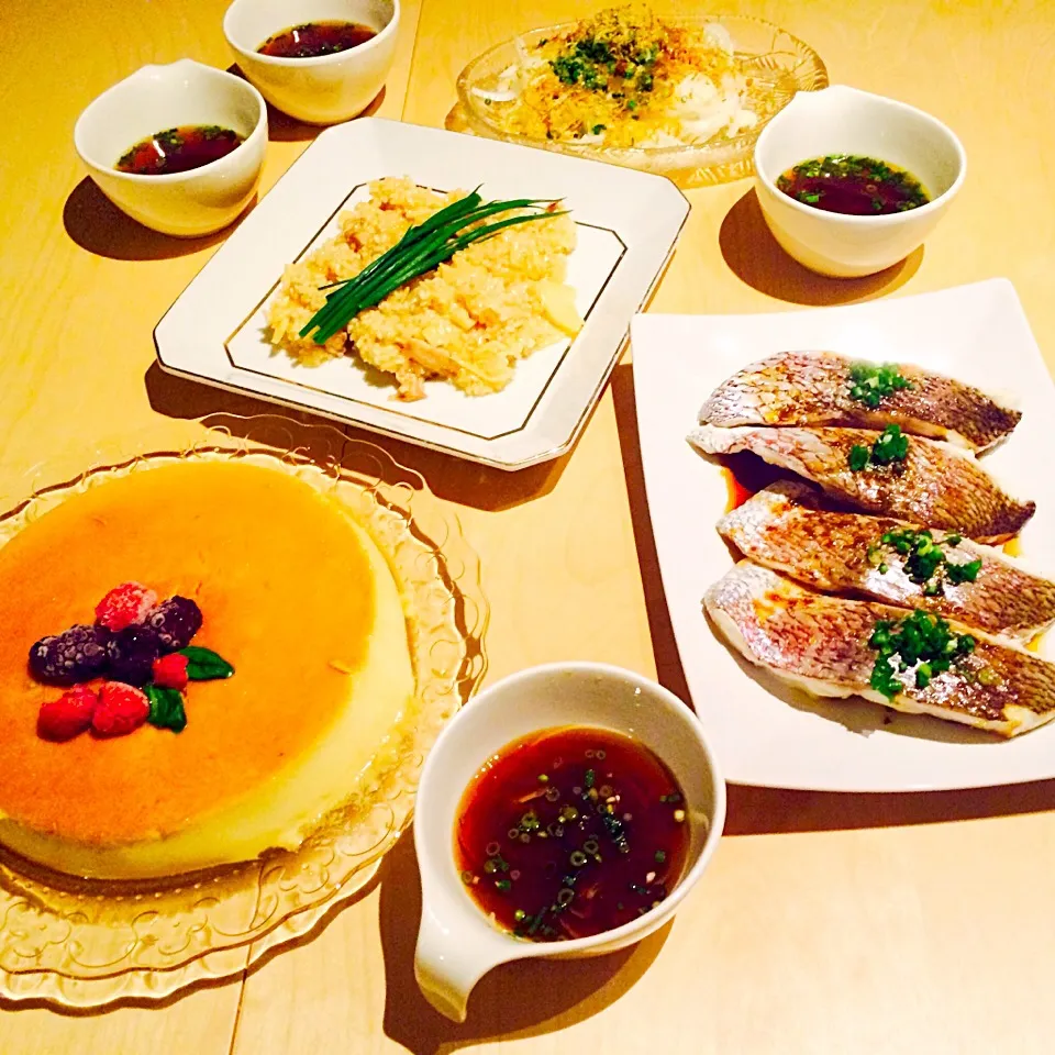 昨日の集まり❤️チーズプリン、鯛の蒸し物、筍と鶏のおこわ、オニオンスープ|いしいまきさん