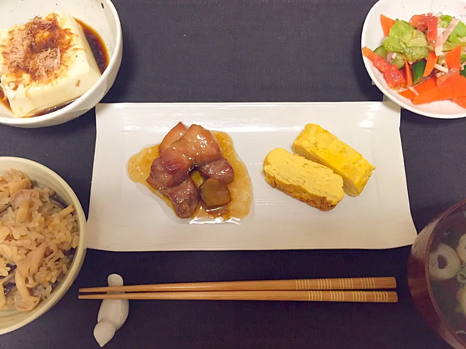 豚の角煮、キノコの炊き込みご飯、出し巻き卵|りんさん