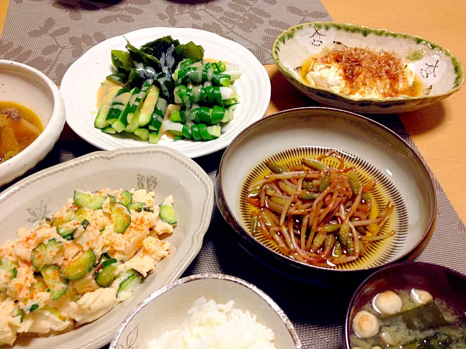 つくしのだし浸し、わけぎのぬた、タラモサラダ、湯豆腐|ねむねこさん