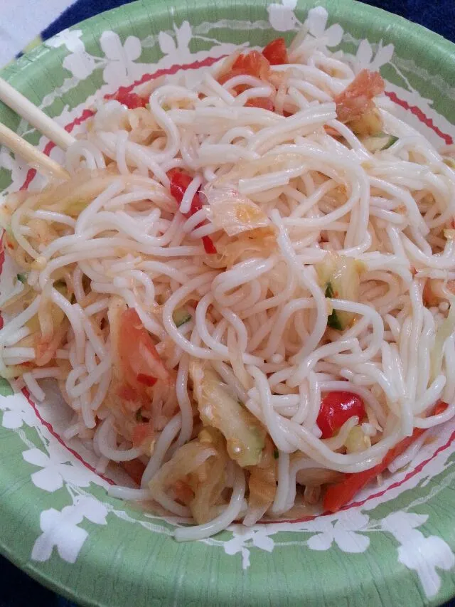 dinner from my new job.  the best noodles EVER! cold spicy rice noodles with tomato, lettuce, papaya,  cucumber, and salted lime! 🍴🍈🍅😆|Polly Gelfusoさん