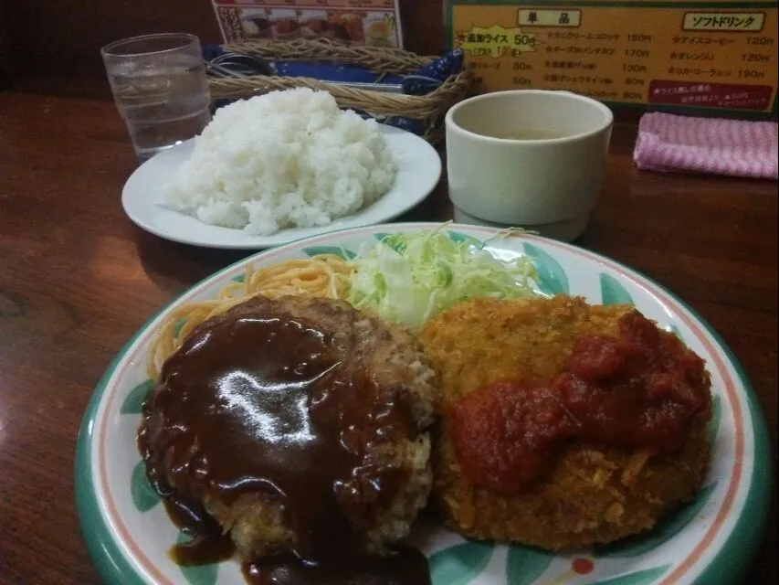 キッチンセブン・街のハンバーグ屋さんの、ハンバーグ＆チーズinメンチカツランチ550円。|東京ライオンズさん