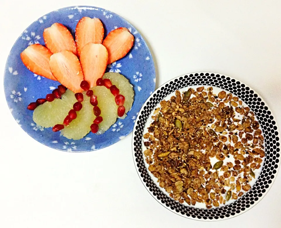 Snapdishの料理写真:Breakfast of mocha granola in cashew milk, strawberries, grapefruit and pomegranate on the side|coxiella24さん