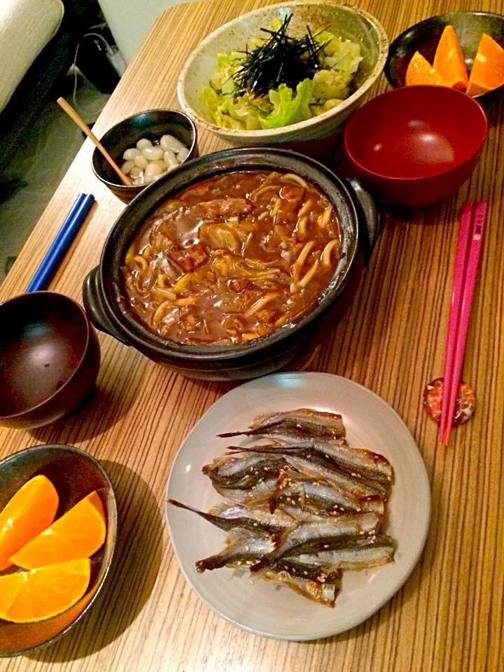 ＊晩ごはん＊ カレーうどん シシャモみりん干し チョレギサラダ らっきょ みかん|pinoyamaさん