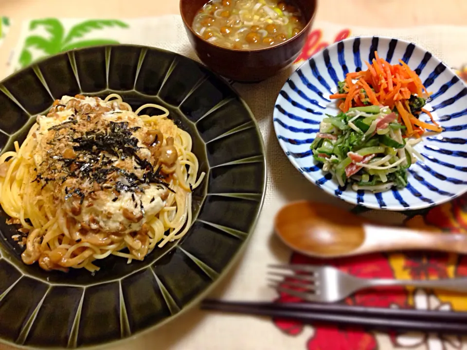 Snapdishの料理写真:納豆とろろなめこの和風パスタ|林愛さん