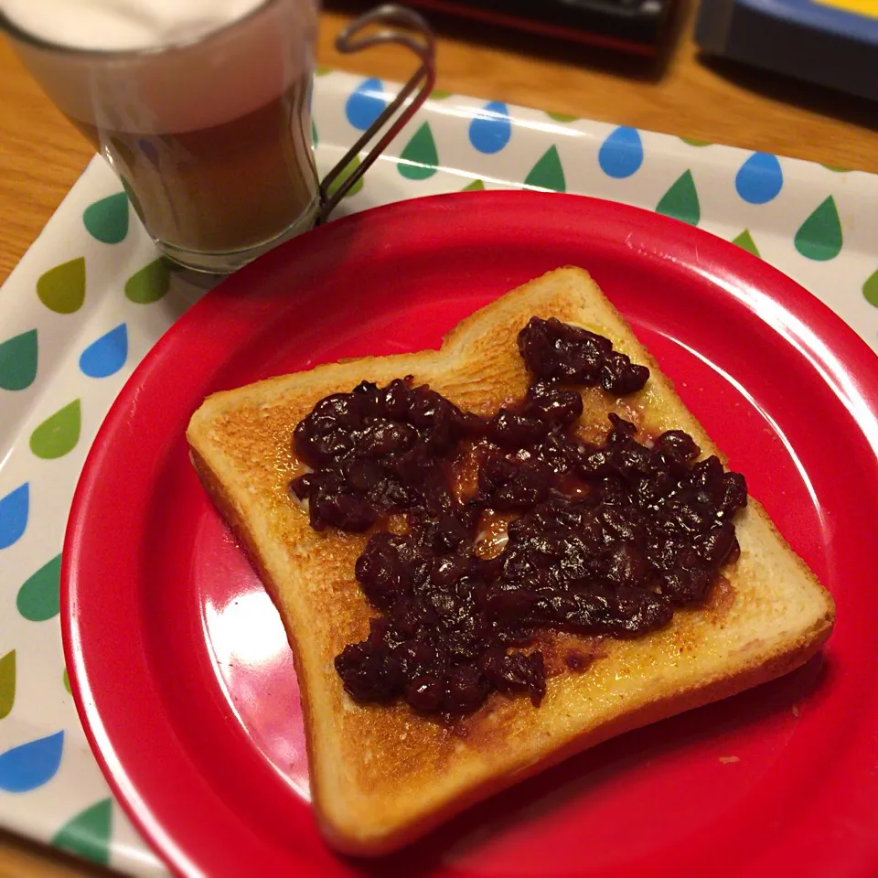 Snapdishの料理写真:あんトースト プリン カフェラテ|さるさん