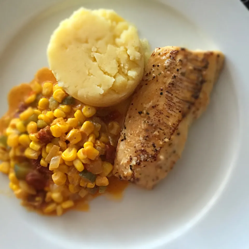 Snapdishの料理写真:Lemon Pepper Haddock | Garlic Mashed Potato | Corn/Sun-Dried Tomato/Sweet Pickle Medely|T.E.Dennisさん