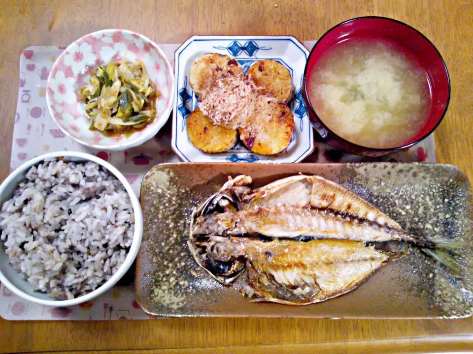 ３月１０日 あじの開き塩焼き ほくほく山芋焼き ネギサラダ お味噌汁|いもこ。さん