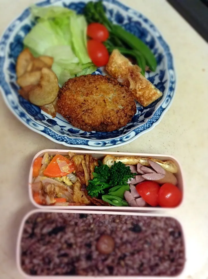 Today's lunch box & JK lunch plate. コロッケは手作りが断然美味しい♪ ちょっと焦がしちゃったけどw|hoppycowさん