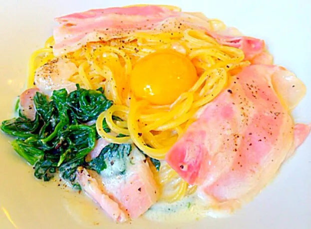 Snapdishの料理写真:ほれんそとベコンのカルボナーラ - Spinach & bacon carbonara ❤️😋✨|Liezlさん