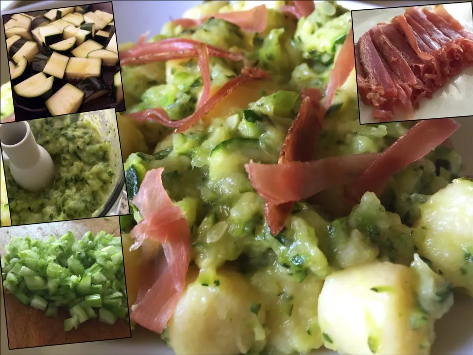 Crema di #zucchine arrosto e frullate, #sedano crudo e #speck. Per i #gnocchi è il top!|matteo pisanoさん