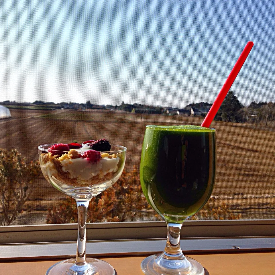 My breakfast today ' green smoothie + fruit granola yoghurt|viviさん