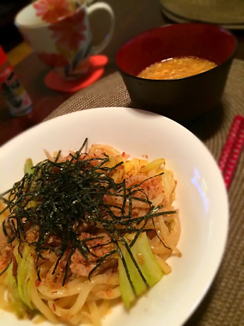 焼うどん、とろろと玉子味噌汁|イツキさん