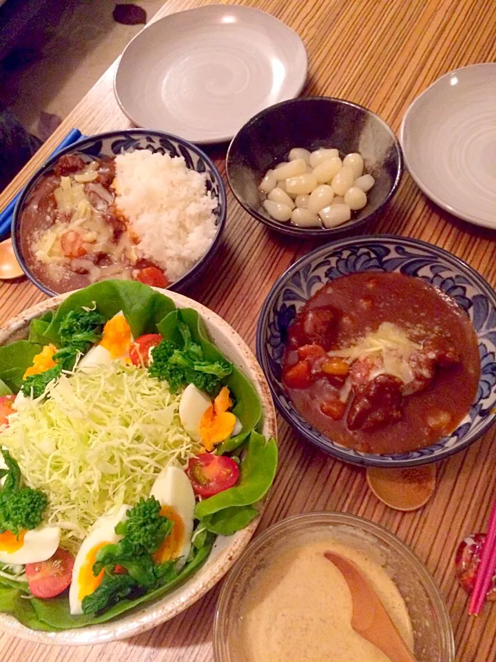 ＊晩ごはん＊ ビーフカレー らっきょ 菜花とゆで卵のサラダ|pinoyamaさん