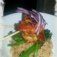 Snapdishの料理写真:Korean barbecue shrimp with fried jasmine rice and fresh sauteed broccolini|Mike Geeさん