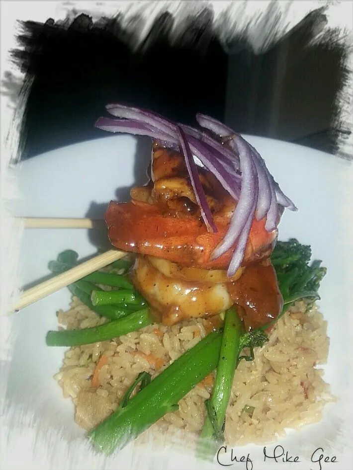 Snapdishの料理写真:Korean barbecue shrimp with fried jasmine rice and fresh sauteed broccolini|Mike Geeさん