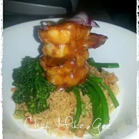 Snapdishの料理写真:Korean barbecue shrimp with fried jasmine rice and fresh sauteed broccolini|Mike Geeさん