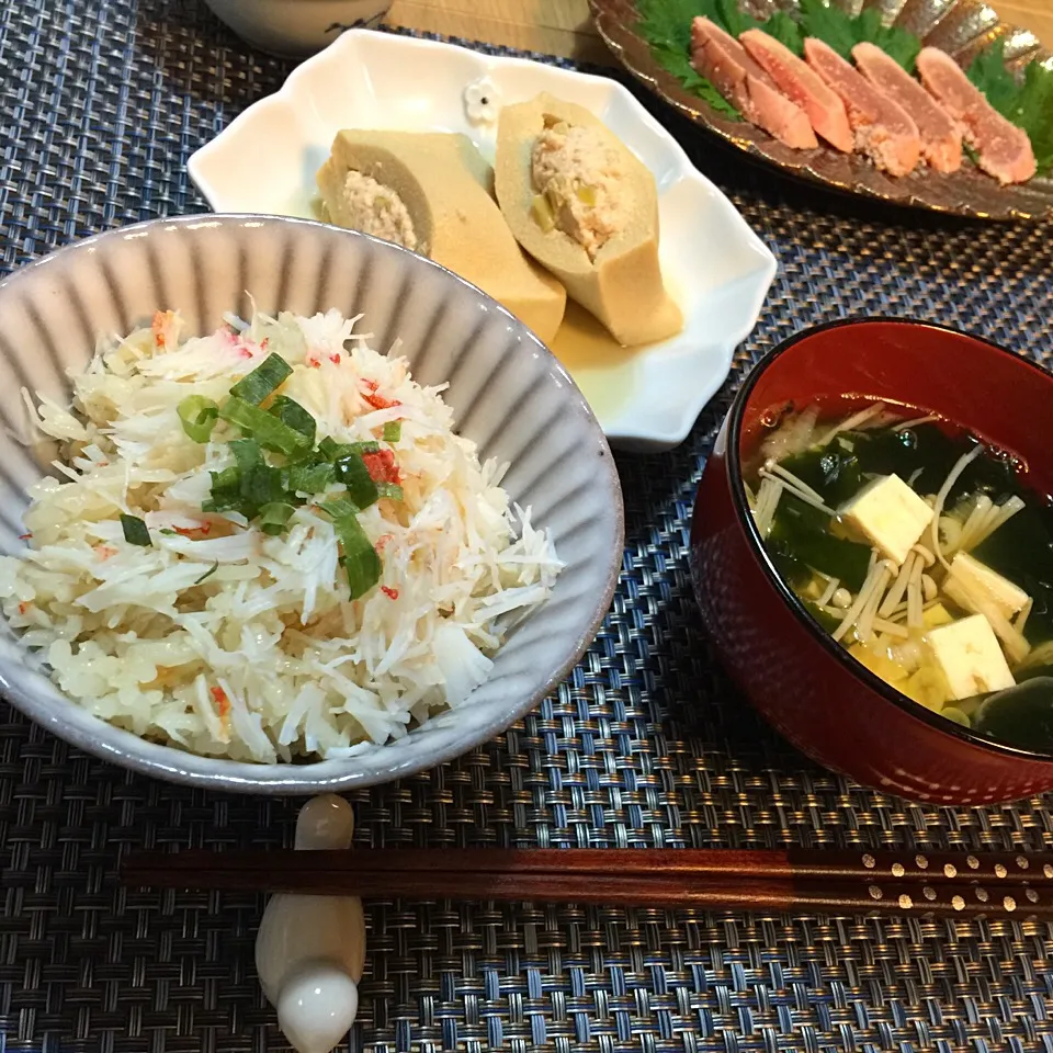 晩ご飯  蟹の炊き込みご飯  高野豆腐の肉詰め|kokoさん