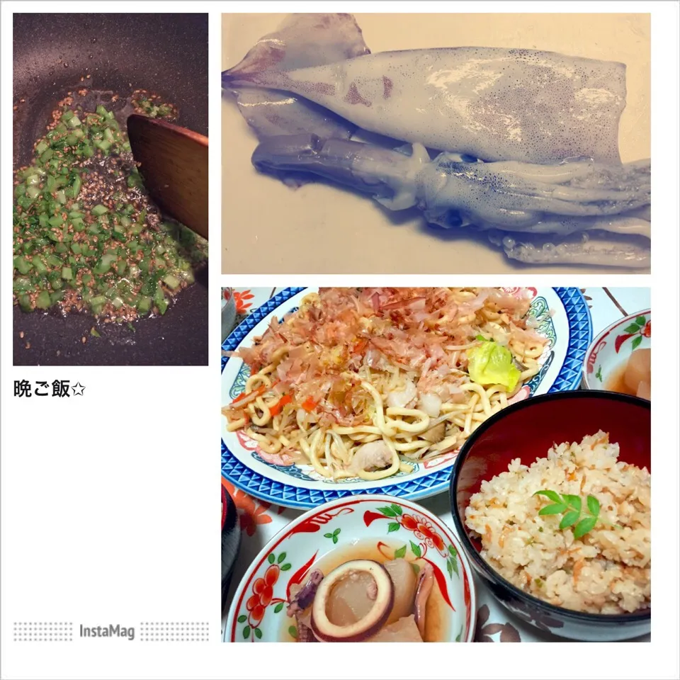 Snapdishの料理写真:大根とイカの煮付けして余った大根の葉っぱを胡麻油で炒めて雑魚とご飯にまぶして醤油で味を調える。生姜にんにく醤油で焼きうどん。|よ～さん