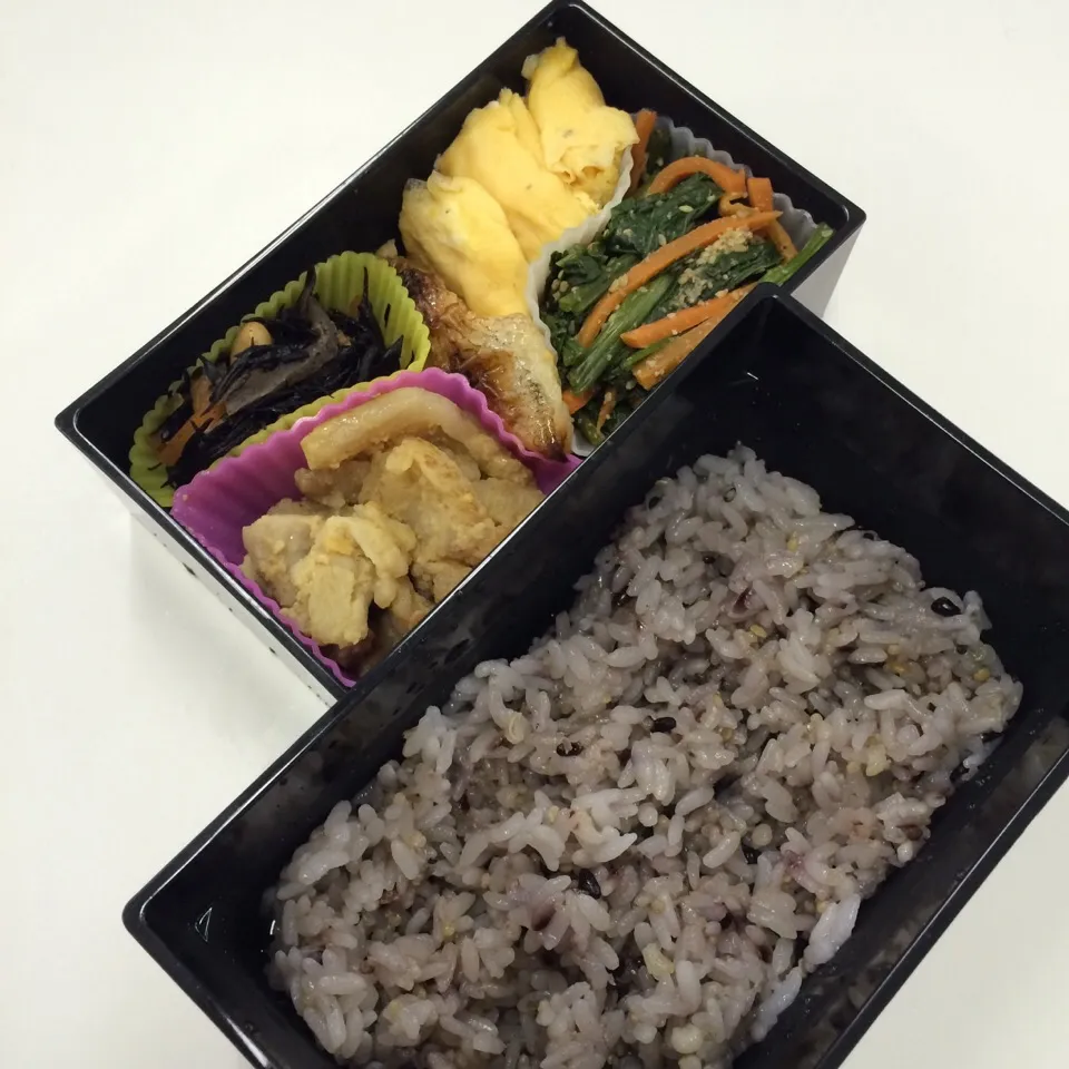 弁当（豚肉味噌焼、ほうれん草胡麻和え、鰆西京焼、玉子焼き、ひじき）|SasaMasa213さん